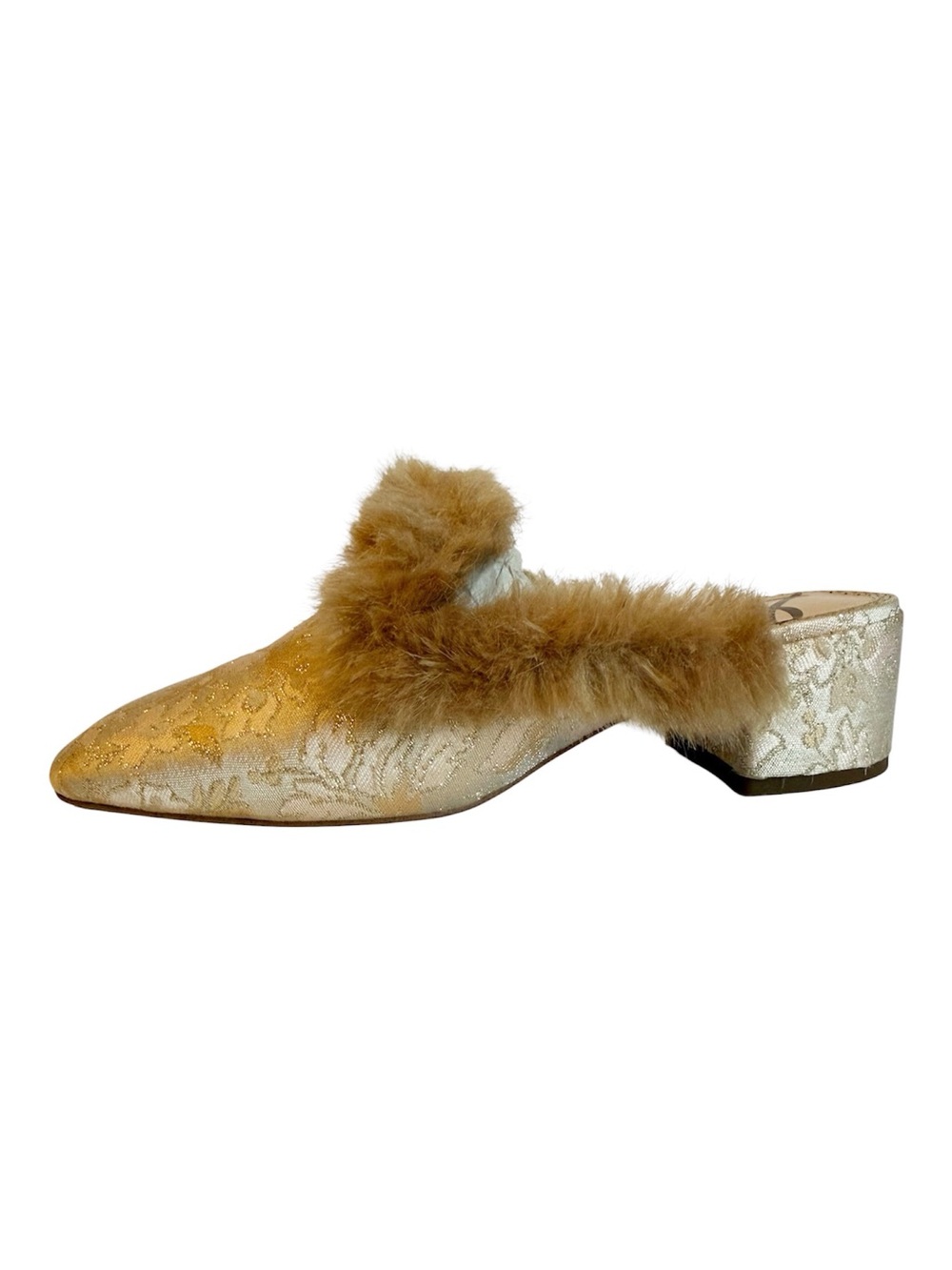 Sam Edelman Adair 2 Faux Fur Brocade Mules Champagne Gold Metallic
